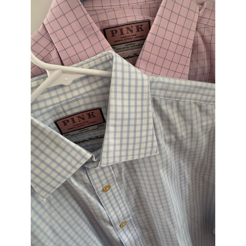 Thomas Pink Mens Dress ShirtLot of 2 Gingham Windowpane 16.5 36.5 Cotton Ireland